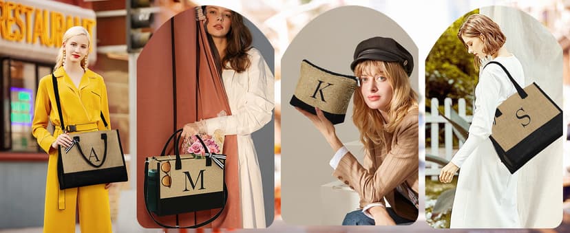 YOOLIFE Personalized Gifts for Women - Initial Jute Tote Bag & Makeup Bag, Birthday Gifts for Women Mom Wife Teacher Friend