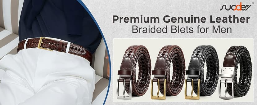 SUOSDEY Braided Genuine Leather Belt for Men, 1.2" Width Men’s Casual Woven Leather Belt for Jeans Pants
