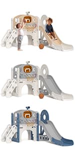 XJD 6-in-1 Toddler Slide and Swing Set, Kids Slide for Toddlers Age 1+, Toddler Outdoor Playset with Basketball Hoop, Football Frame, Swing, Outdoor Indoor Playground for Toddlers 1-3 (Pink)