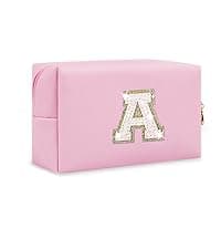 Small Personalized Initial A-Z Preppy Patch Makeup Bag,White PU Chenille Letter Travel Cosmetic Pouch with Zipper,Cute Toiletry Bag,Gift Ideal for Teen Girls Women Teacher Bridesmaid,Letter E