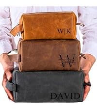 Personalized Leather Toiletry Bag for Men – Custom Engraved Shaving Dopp Kit with Name or Initial, Travel Gift for Groomsmen, Husband, Dad, Boyfriend, Birthday, Christmas, Anniversary, Gifts for Men