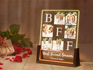 Personalized Best Friend Birthday Gifts for Women, Custom Acrylic Plaque Printed Walnut Picture Frame With LED Night Light, Personalized Christmas Gifts for Friendship, Friend, Women, Besties, BFF