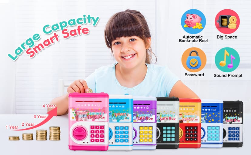 Pink Piggy Bank for Kids with Password Code Lock and Auto Grab Bill Slot, PhilaeEC Real Money Cash Coin Can Saving Box Electronic Money Safe Bank, Hot Gift for 4 7 8 9 10 11 Year Old Boys Girls