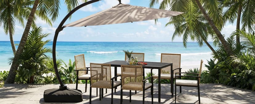 7-Piece Outdoor Dining Set for 6, Patio Dining Set with Hand-Woven Wicker Chairs & Cushions, 60" x 33" x 30" Wider Aluminum Woodgrain Table for Deck, Garden, Backyard