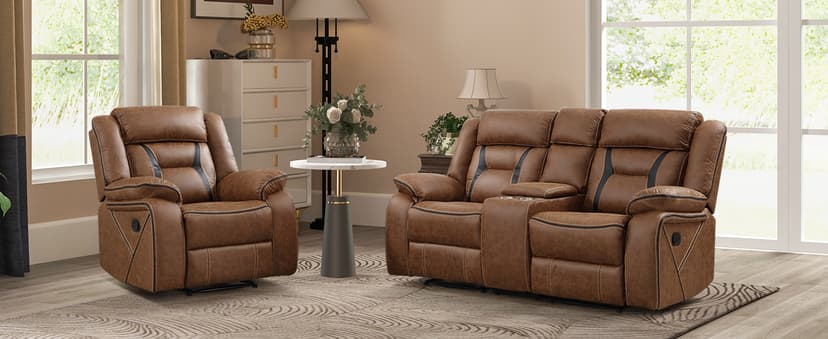 EBELLO Faux Leather Recliner Sofa Furniture Set for Living Room, Recliner Chair, Manual Loveseat, 3 Seat Recliniing Sofa Couch Set for Meeting Room, Brown