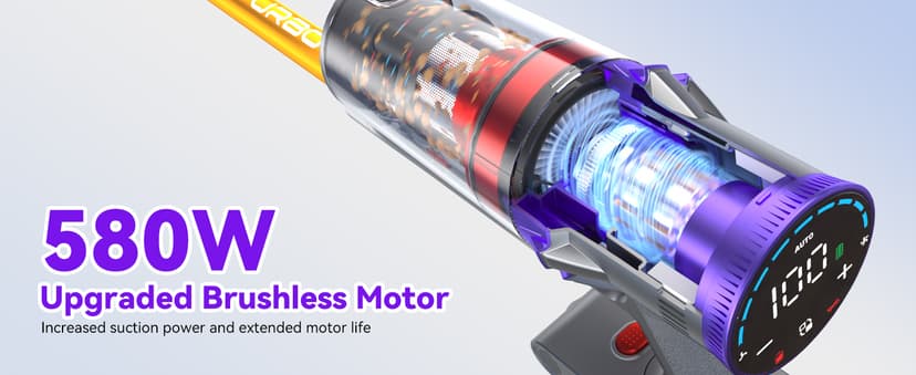 Coovy SU7 Cordless Vacuum Cleaner 580W 50Kpa 80 Minutes Runtime Stick Vacuum with Touch Screen Anti-Tangle Wireless Powerful Lightweight LED Vac for Home Pet Hair Carpet Hardwood, Gold