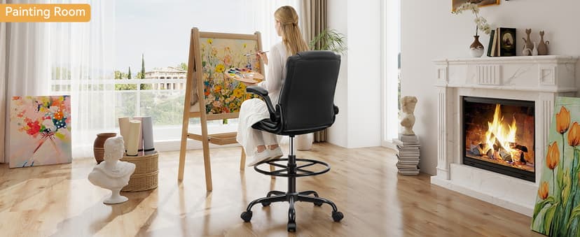 Drafting Chair,Tall Office Chair for Standing Desk,High Executive Leather Ergonomic Computer Chair with Adjustable Height and Flip-Up Armrest for Counter Height Desk,Black