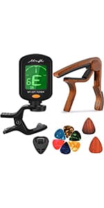 MOREYES Rechargeable Guitar Tuner Clip On with 28Pcs Guitar Picks, Guitar Tuner for Acoustic Guitar, Electric Guitar, Bass, Ukulele & Chromatic Tuning Modes, Full Color Display