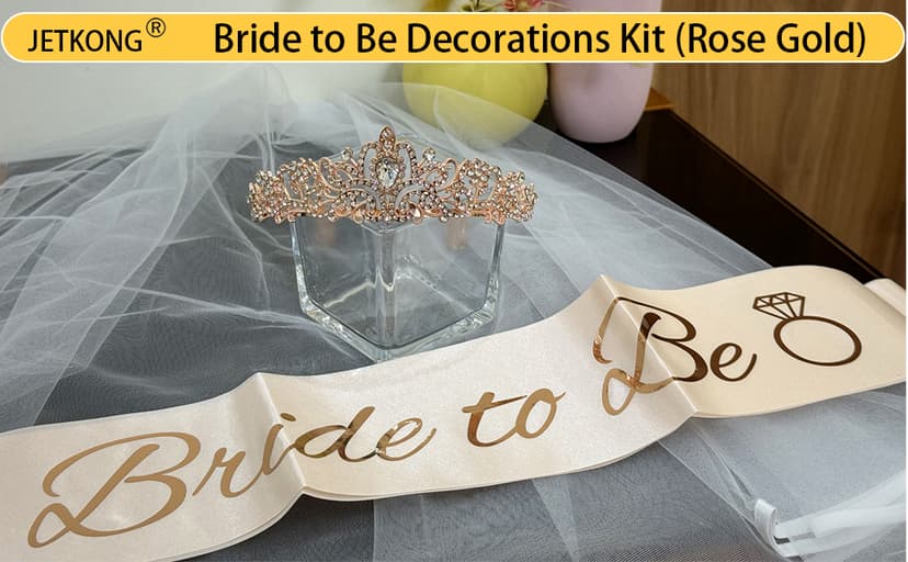 JETKONG 3 Pcs Bachelorette Party Decorations Bridal Shower Crown, Bride to Be Sash&Veil for Women Bachelorette Party Gifts, Bachelorette Party Supplies, Gifts, Favors (Rose Gold)