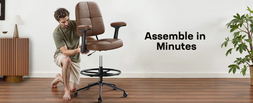 Marsail Drafting Chair with Flip-Up Armrests and Footrest, Ergonomic Tall Office Chair, Height Adjustable High Chair, Brown Leather Seat with Thick Cushion, 360° Swivel, for Standing Desk, Home Office