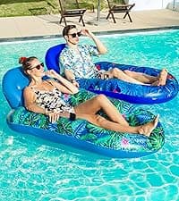 FindUWill Pool Floats Chairs Adult - 2 Pack 65'' x 42'' Large Pool Float Chairs, Inflatable Pool Lounger with Cup Phone Holder, Backrest, Footrest, Tanning Pool Lounge