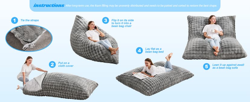 Hobestluk 3 in 1 Bean Bag Chair Giant Bean Bag Chairs for Adults with Bubble Cover Convertible Bean Bag Floor Cushion with Machine Washable Cover for Living Room (Bubble Grey)