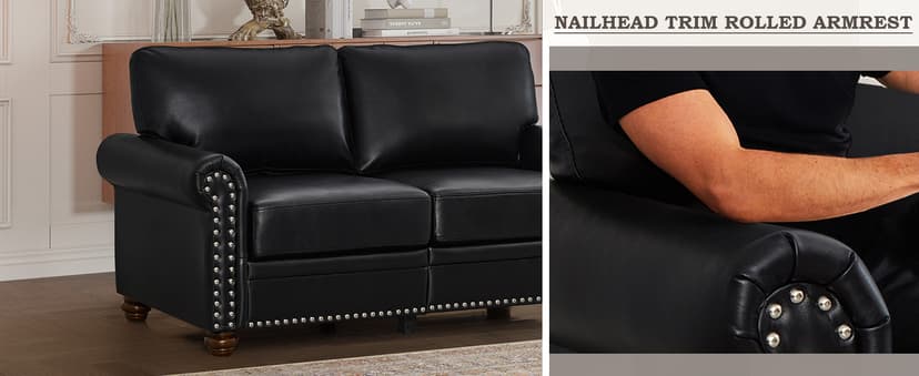2 Piece Faux Leather Sofa Set,Modern Couch and Loveseat Sets with Storage,Mid Century Couch with Rivet Rolled Arm,Comfy Deep Seat Sofa,Furniture for Living Room,Office(Loveseat+3 Seater,Black)