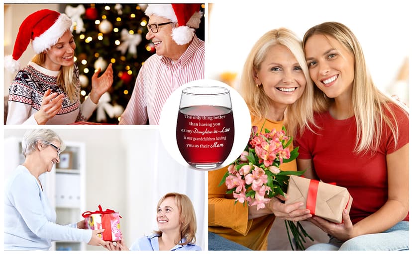 Futtumy Funny Daughter in Law Gifts, To My Dear Daughter-in-laws Stemless Wine Glass for Son's Wife, Mothers Day Birthday Christmas Gifts from Mother-In-Laws, 17 oz