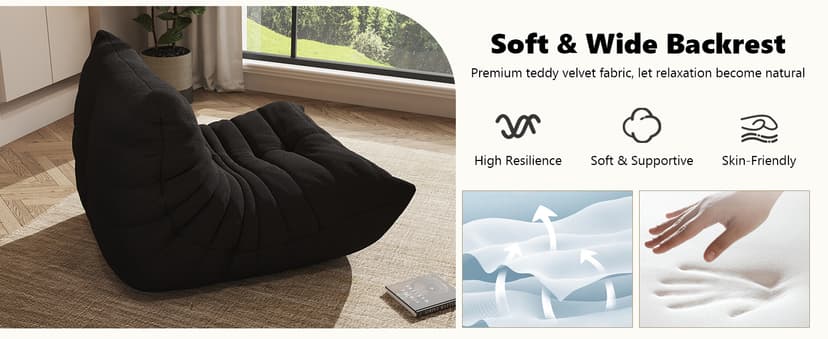 Bean Bag Chair for Adults, Comfy Floor Chair Memory Foam Bean Bag Chair, Cozy Lounge Floor Chair for Gaming, Reading & Relaxation, Small Foam Couch for Living Room, Bedroom(Black,Single)