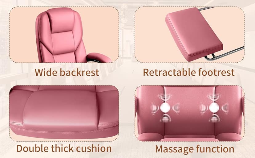 Shahoo Executive Office Chair with Massage, Ergonomic Reclining High Back Leather Seats with Footrest and Lumbar Support, Big and Tall, 400Lbs Heavy Duty, Pink