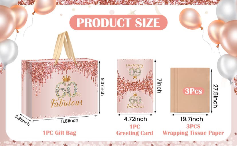 Yoirrat Rose Gold 60th Birthday Gift Bag for Women 60 & Fabulous Large Pink Happy 60th Birthday Gift Bag with Wrapping Paper and Card for 60th Bday Decorations Party Supplies