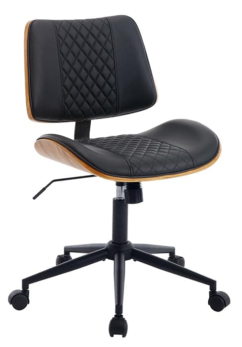 BV BONNE VIE Mid Century Walnut Office Chair with Arms, Adjustable Swivel Desk Chair, Leather Computer Chair with Rolling Wheels for Home Office or Study Room, Black