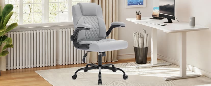 Office Chair with Adjustable Inflatable Lumbar Support,Leather Ergonomic Computer Desk Chair with Flip-up Arms,Adjustable Tilt Lock,Swivel Rolling Executive PC Chair for Work,Study,Meeting.Grey
