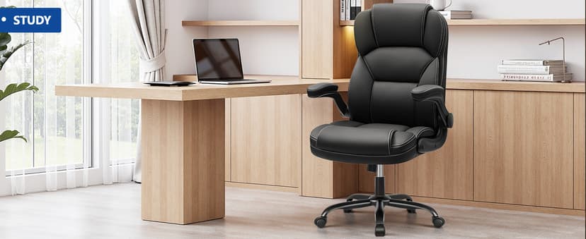 PU Leather Executive Office Chair, Ergonomic High-Back Computer & Gaming Chair with Adjustable Height, Rolling Swivel & Flip-Up Armrests, Comfy Padded Seat for Home Office-Black