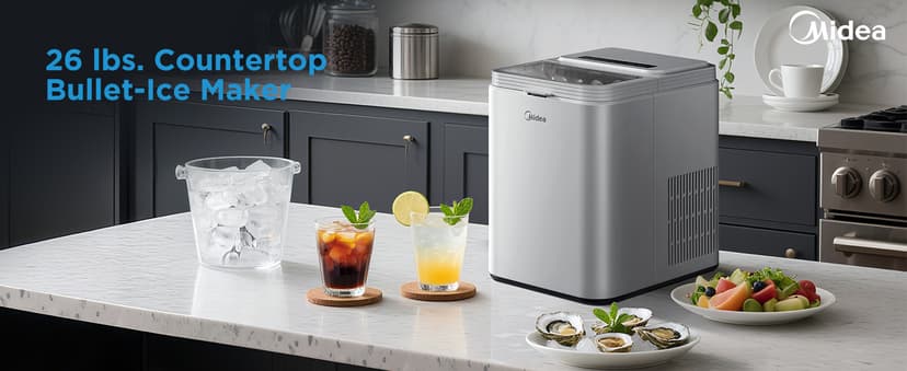 Midea MERI26B1AGY Countertop Bullet-Ice Maker, 8 Ice Bullets Ready in 6 Minutes, 26lbs/24H, Self-Cleaning Function with Ice Scoop and Basket for Home/Office/RV