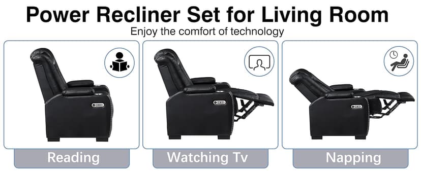 THSUPER Black Leather Power Recliner Sofa Loveseat Sets with Arm Storage and Power Headrest, Leather Living Room Reclining Sofa and Loveseat Set with Cup Holders and Bluetooth Speaker. | Breathable material, LED ambient light, Reading light, Hidden outlet, USB and Type-C port