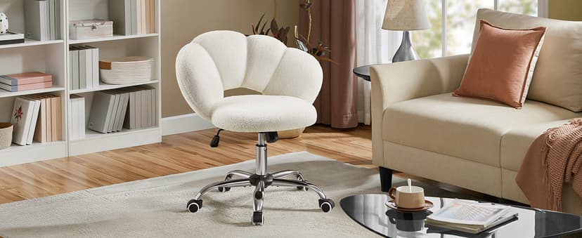 Yaheetech Boucle Upholstered Desk Chair Cloud-Shaped Vanity Chair Adjustable Home Office Computer with Rolling Wheels for Living Room, Bedroom White