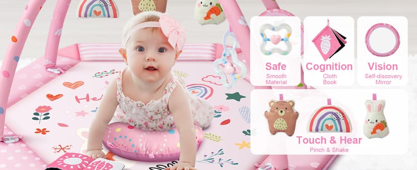 Baby Gym Play Mat, 8-in-1 Tummy Time Mat & Ball Pit with 6 Toys, Washable Baby Activity Mat for Visual, Hearing, Sensory, Motor Development, Babies Gift for Newborn Infant 0-3-6-9-12 Months (Pink)