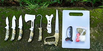 GVDV Hunting Knife Set - 14 Pieces, Portable Butcher Game Processing Kit for Men, Field Dressing Kit with Gut Hook Skinner Knife, Caping knife, Axe, Wood/Bone Saw, Spreader, Gloves, Gifts for Men