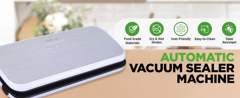 NutriChef Food Vacuum Sealer Machine - Automatic Air Sealing System for Dry & Moist Foods, LED Touch Controls, Includes Vacuum Bags, Hose & Wine Stopper, High Suction Power, 14"x6"x3", Silver