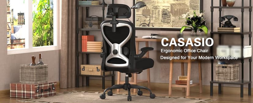 Home Office Desk Chairs, Ergonomic Office Chair with Lumbar Support & 3D Headrest, Computer Desk Chair with Flip-up Armrests, Perfect for Office or Study, Black/Silver