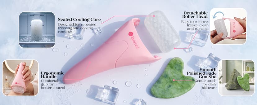 BAIMEI IcyMe Ice Roller for Face and Gua Sha Facial Tool Set, Ice Face Roller Reduces Puffiness Relieves Migraines Skin Care Tools, Self Care Gift for Women - Pink