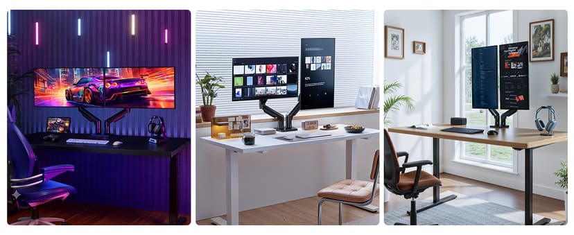 HUANUO FlowLift™ Dual Monitor Stand, Fully Adjustable Gaming Monitor Desk Mount for 13–32″ Computer Screens, Full Motion VESA 75x75/100x100 with C-Clamp & Grommet Base, Each Arm Holds 4.4 to 19.8 lbs