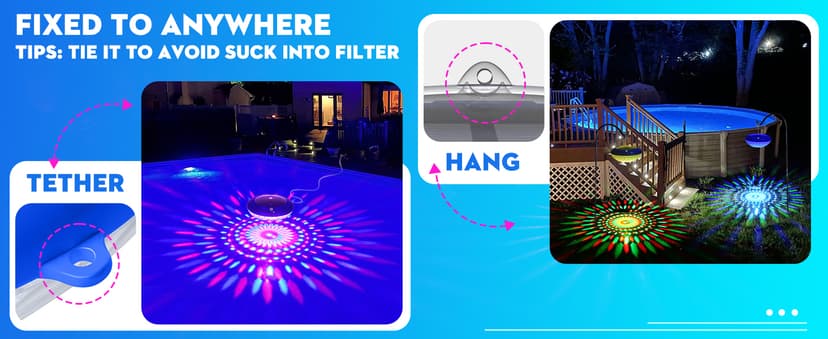 FirstE Solar Floating Pool Lights, RGB Color Changing Pool Floating Light, IP68 Waterproof LED Solar Pool Lights That Float, Hangable Auto ON Off for Above In Ground Pools Wedding Party Decoration (2)