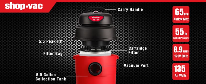 Shop-Vac 5 Gallon 5.5 Peak HP Wet/Dry Vacuum, Wall Mountable Compact Shop Vacuum with 18+7Ft Long Hose & Attachments, Ideal for Jobsite, Garage, Car & Workshop. 9522236