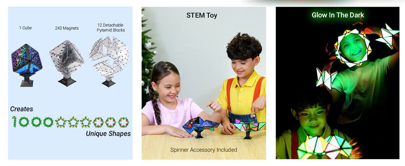 TOSY Magnet Pyramid Glow - 1 Cube Transforms into 1 Billion Shapes, 15 pcs (12 Puzzle pcs & 3 Accessories), 243 Magnets, Glowing, Christmas Stocking Stuffers Gift for Kids, Creative Puzzle STEM Toy