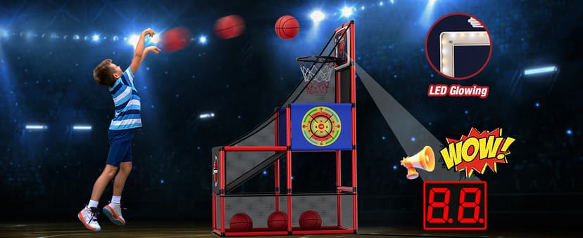 HYES Basketball Arcade Game Indoor Outdoor, Kids Basketball Hoop with 4 Balls & Pump, Single Shot Basketball Game at Home, Carnival Games Sport Toys for Boys Girls Teens