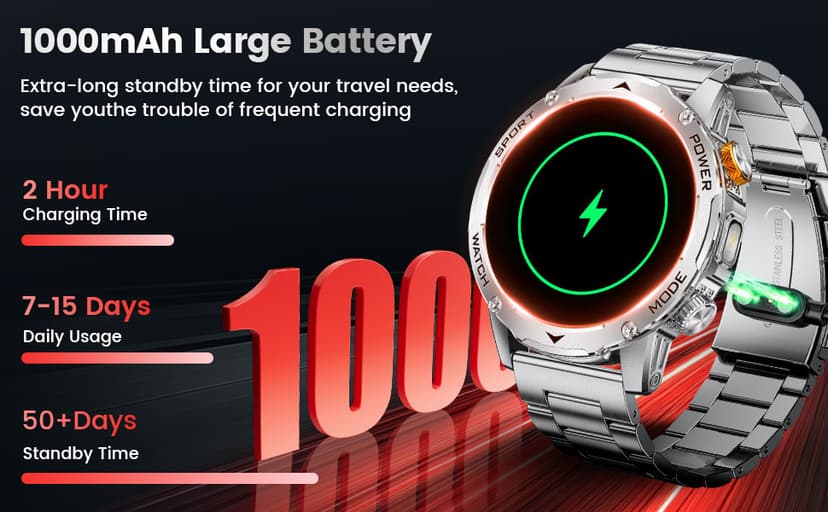 Military Smart Watch for Men 1000 mAh Battery/3 Bands/Flashlight,1.75'' HD Display Smart Watch with Call,IP68 Waterproof Fitness Tracker with Heart Rate,Sleep Monitor,100+ Sport Modes,for iOS Android