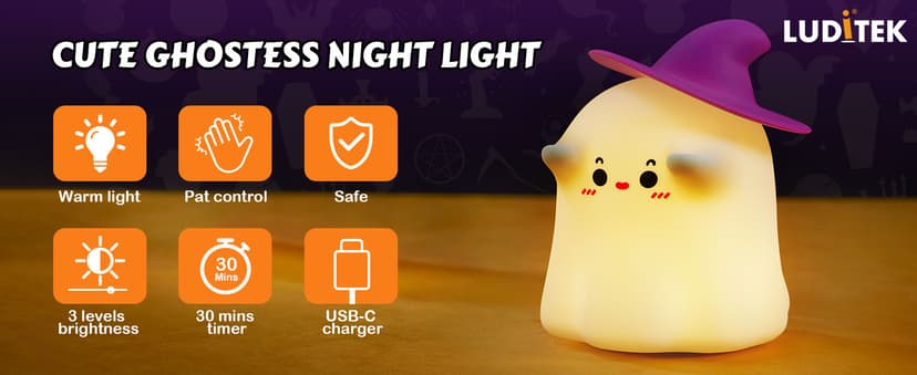 Luditek Cute Ghost Night Light Lights, Silicone Dimmable Ghost Lamp Desk Decor for Halloween Decorations Indoor Home Room Office Table, Halloween Gifts for Women, Girls, Kids