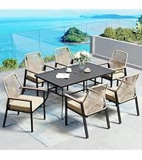 SUNSHINE VALLEY 7 Piece Patio Dining Set for 6, Rectangular Metal Table with Umbrella Hole, 6 Brown Dining Chairs, Outdoor Table and Chairs Set for Lawn Backyard and Deck