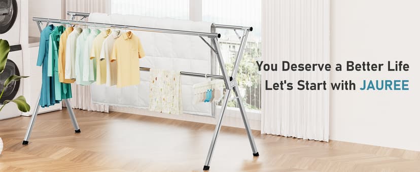 JAUREE 79 Inches Clothes Drying Rack, Drying Rack Clothing Folding Indoor Outdoor, Heavy Duty Stainless Steel Laundry Rack, Foldable Portable Large Clothes Rack Garment Rack with 20 Windproof Hooks