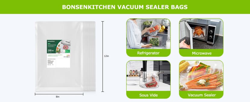 Bonsenkitchen Precut Vacuum Sealer Bags 200 Quart 8" x 12", BPA Free, Commercial Grade Textured Food Vacuum Sealer Bag, Thick Embossed Bags for Storage and Sous Vide Cooking VB3208