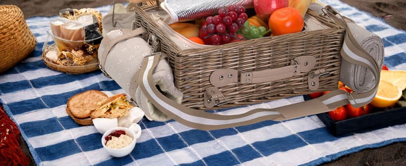 Multifunctional Wicker Picnic Basket Set for 2 with Blanket and Picnic Table, Insulated Picnic Set with Full Tablewares for Camping Outdoor Couples, Flowers B0D4Q11DMV