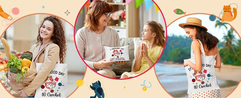 Y1tvei Cartoon Cat Canvas Bags - 2Pcs It’s A Good Day to Crochet Canvas Tote Bag Makeup Pouch, Reusable Grocery Folding Shopping Handbag, Knitting Crocheting Funny Gifts for Knitter Crocheters Women