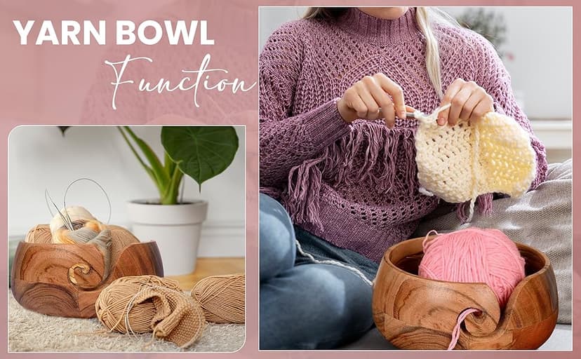 Samhita Acacia Wood Wooden Yarn Bowl for Crocheting & Knitting Hand Made by Indian Artisans Birthday Gifts for Mom & Knitting Lovers (6" x 6" x 3")