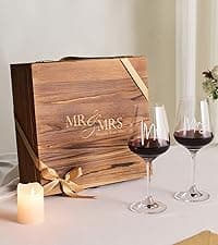 AW BRIDAL Wedding Gifts Bridal Shower Gifts Engagement Gift for Couples Newlyweds Mr & Mrs Wedding Wine Glasses Set of 2 - Wine Opener Wine Stopper with Engraved Wooden Keepsake Box