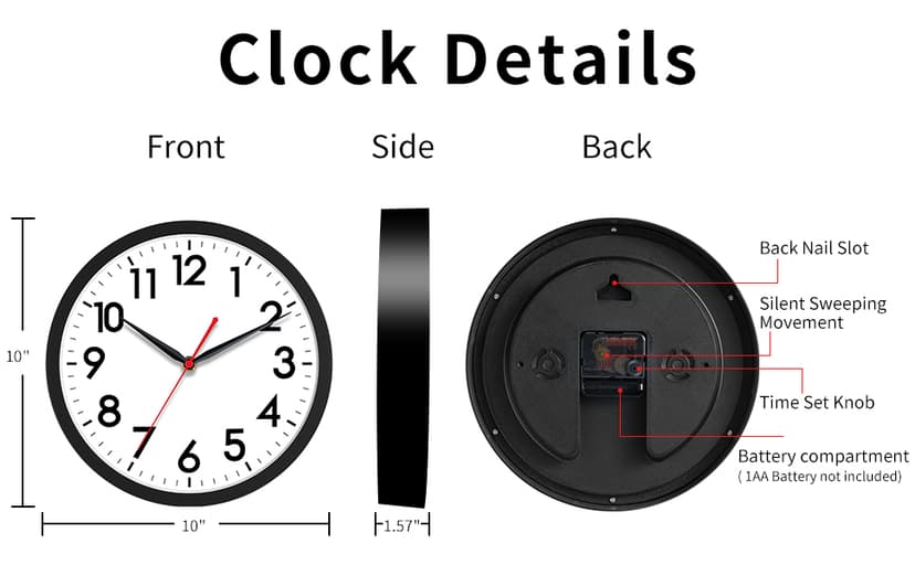 AKCISOT Wall Clock 10 Inch Silent Non-Ticking Modern Clocks Battery Operated - Analog Small Classic for Office, Home, Bathroom, Kitchen, Bedroom, School, Living Room(Black)