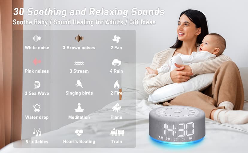 Sound Machine Alarm Clock Brown Noise White Noise Machine Night Light with Dual Alarms Backup Battery 30 Sleeping Sounds for Baby Kids Adults 32 Level Volume 5 Timers 15 Wake Up Sounds Memory Function