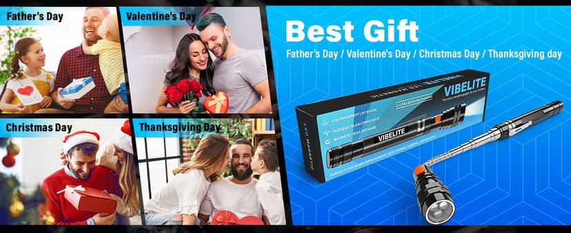 VIBELITE Extendable Magnetic Flashlight with Telescoping Magnet Pickup Tool-Cool Gadget Birthday for Men, Dad, Husband, Him, Father, Mechanic,Tech, Handyman, Boyfriend, Women, Black