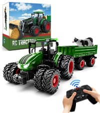 Remote Control Tractor Toy, Kids RC Tractor Set & Truck and Trailer Front Loader - Metal Car Head/8 Wheel/Light, Toddlers Farm Vehicle Toys for 3 4 5 6 7 8 9 Year Old Boys Girls Birthday Gift